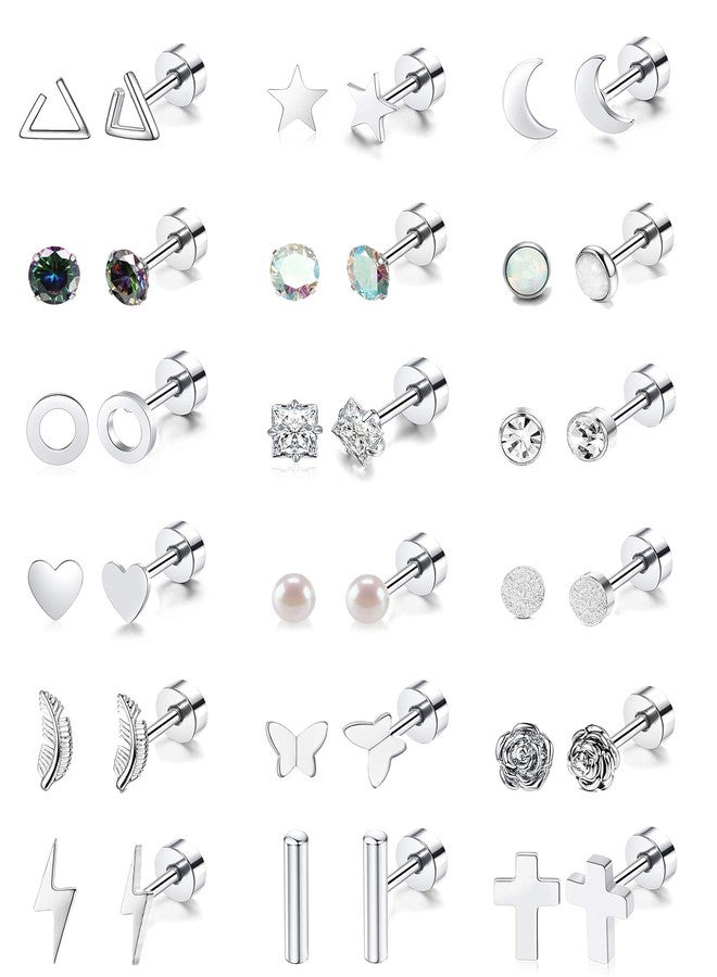 Staligue 18 Pairs Cartilage Stud Earrings Set for Women Men Star Triangle Moon Heart Disc Ball CZ Small Stainless Steel Geometric Barbell Flatback Piercing (Silver) - Image 1